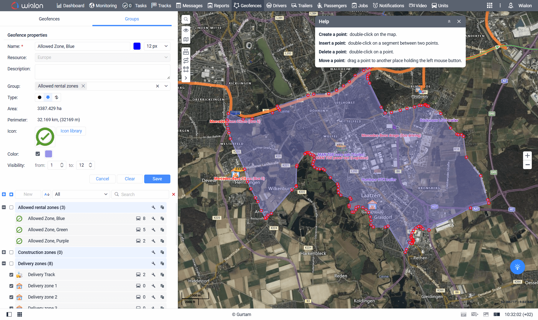 Wialon map with geofence zones around a site